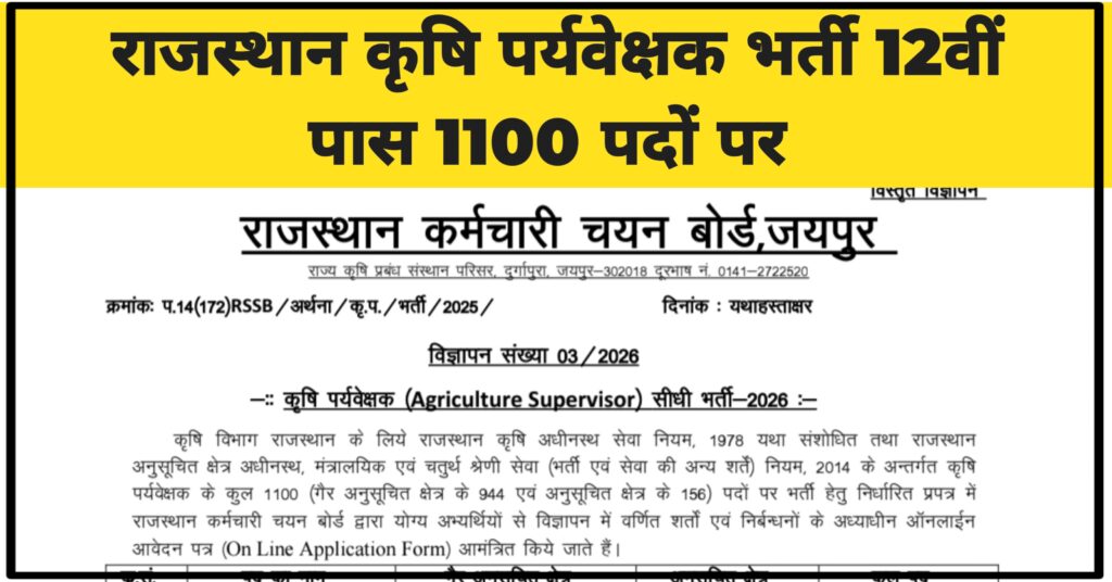 Rajasthan Agriculture Supervisor Recruitment 2026:
