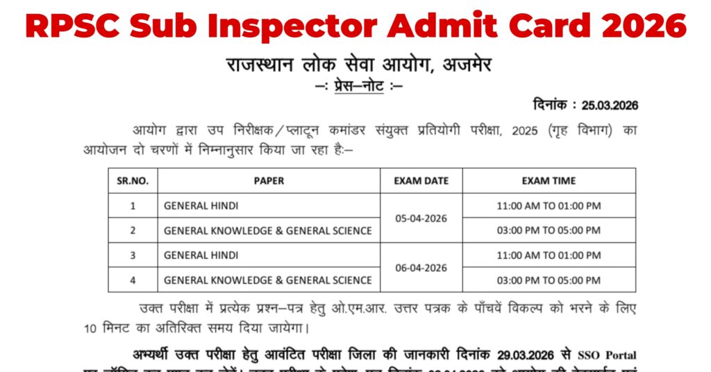 RPSC Sub Inspector Admit Card 2026